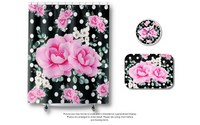 Shower Curtains-Magenta Pink Floral-White Polka Dots-Black