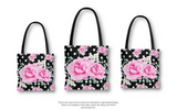 Tote Bag-Magenta Pink Floral-White Polka Dots-Black