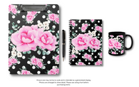 Small Spiral Notebook, 6x8in-Magenta Pink Floral-White Polka Dots-Black