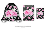 Drawstring Bag-Magenta Pink Floral-White Polka Dots-Black