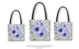 Tote Bag-Soft Blue Floral-Black Polka Dots-White