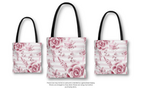 Tote Bag-Soft Pink Floral Mauve-Horizontal Stripes-White