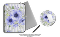 Laptop Sleeve-Soft Blue Floral-Soft Blue Horizontal Stripes-White