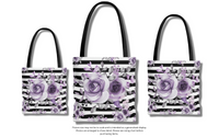 Tote Bag-Soft Purple Floral-Black Horizontal Stripes-White