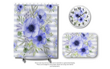 Wall Clock-Soft Blue Floral-Soft Blue Horizontal Stripes-White