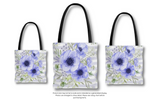 Tote Bag-Soft Blue Floral-Soft Blue Horizontal Stripes-White