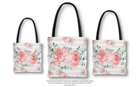 Tote Bag-Lush Pink Floral-Pink Horizontal Stripes-White